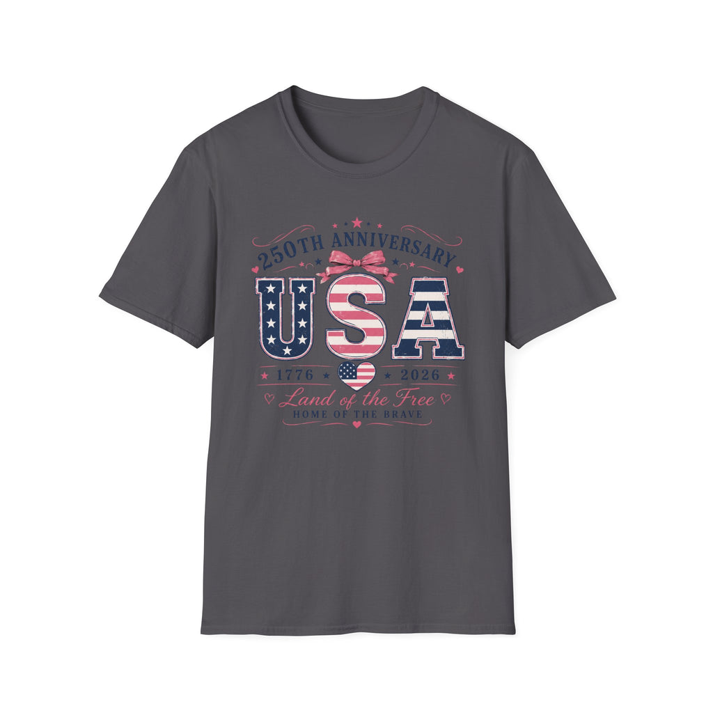 250th Anniversary USA Coquette Bow Shirt, Land of the Free Home of the Brave Women's Tee, Varsity Stars Stripes Heart 1776 2026 T-Shirt