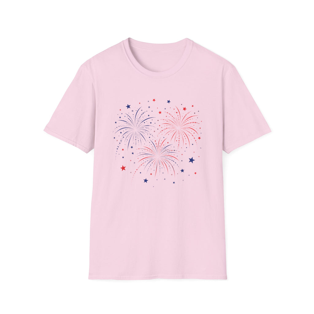 Minimalist Patriotic Fireworks T-Shirt | Fourth Of July American Flag Colors Graphic Tee, Red White Blue Stars Top