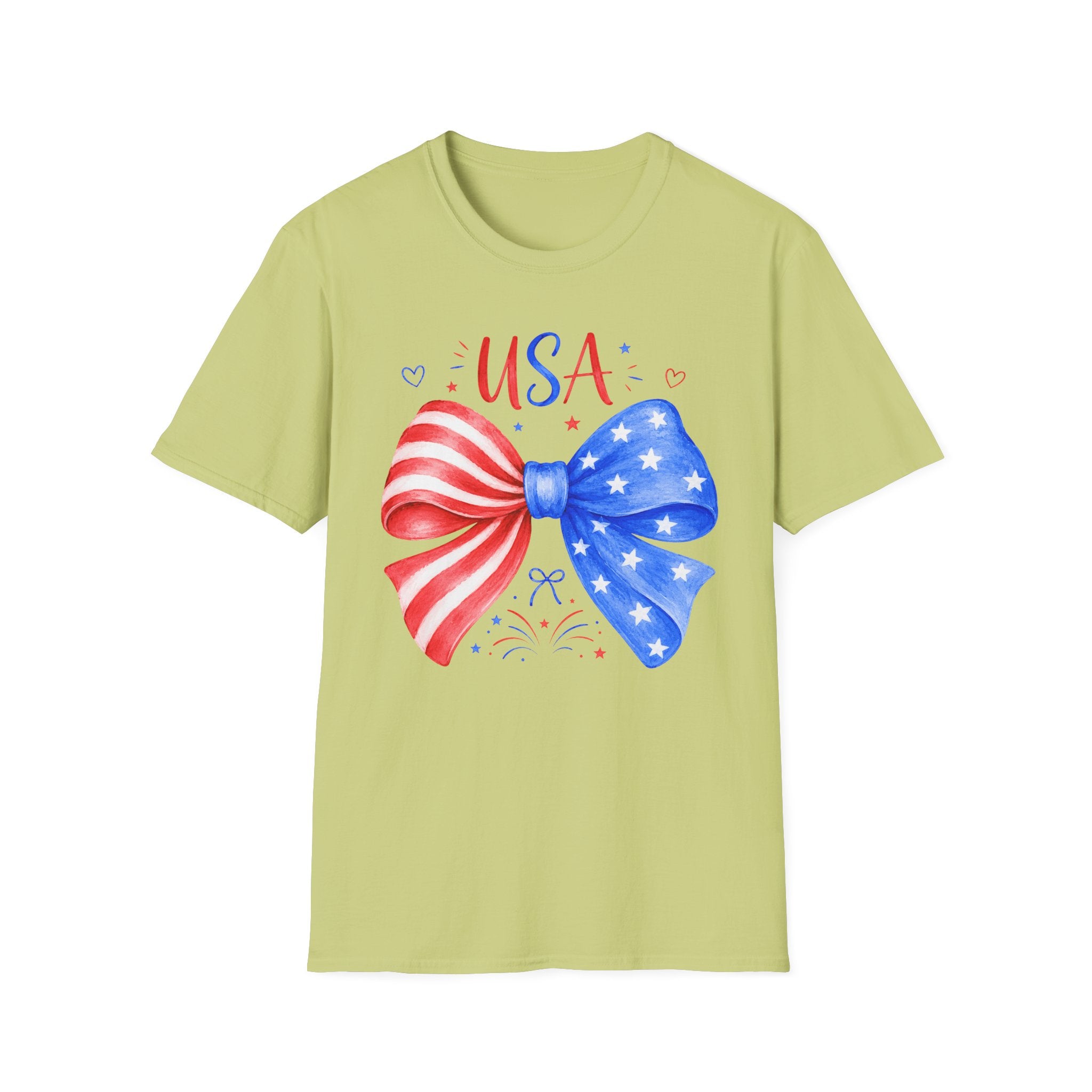 USA Patriotic Bow Tee, Red White Blue Fireworks Shirt, Cute American Pride Graphic Top, Fourth of July Celebration Outfit T-Shirt
