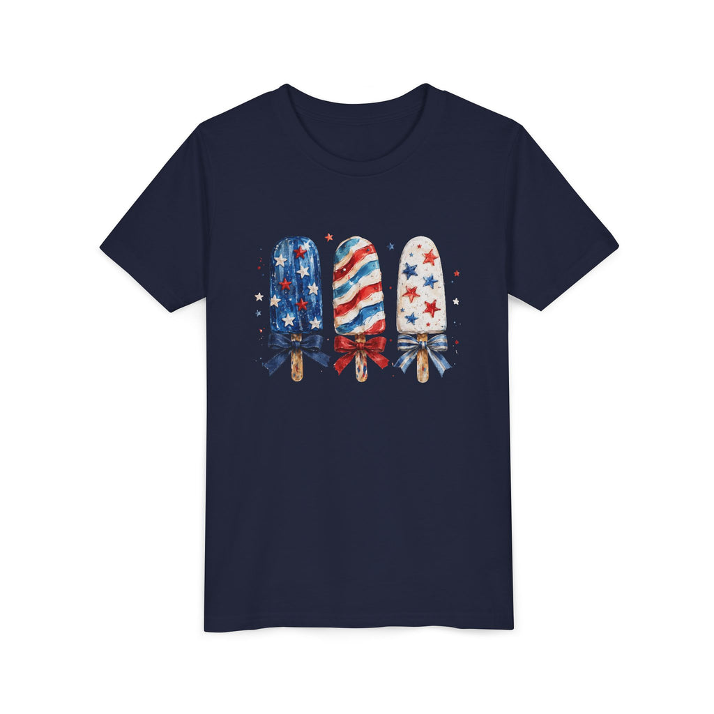 Patriotic Popsicle Trio Tee, Red White Blue Bow Shirt, Cute USA Summer Graphic Top, Fourth of July Celebration Outfit Youth Short Sleeve Tee