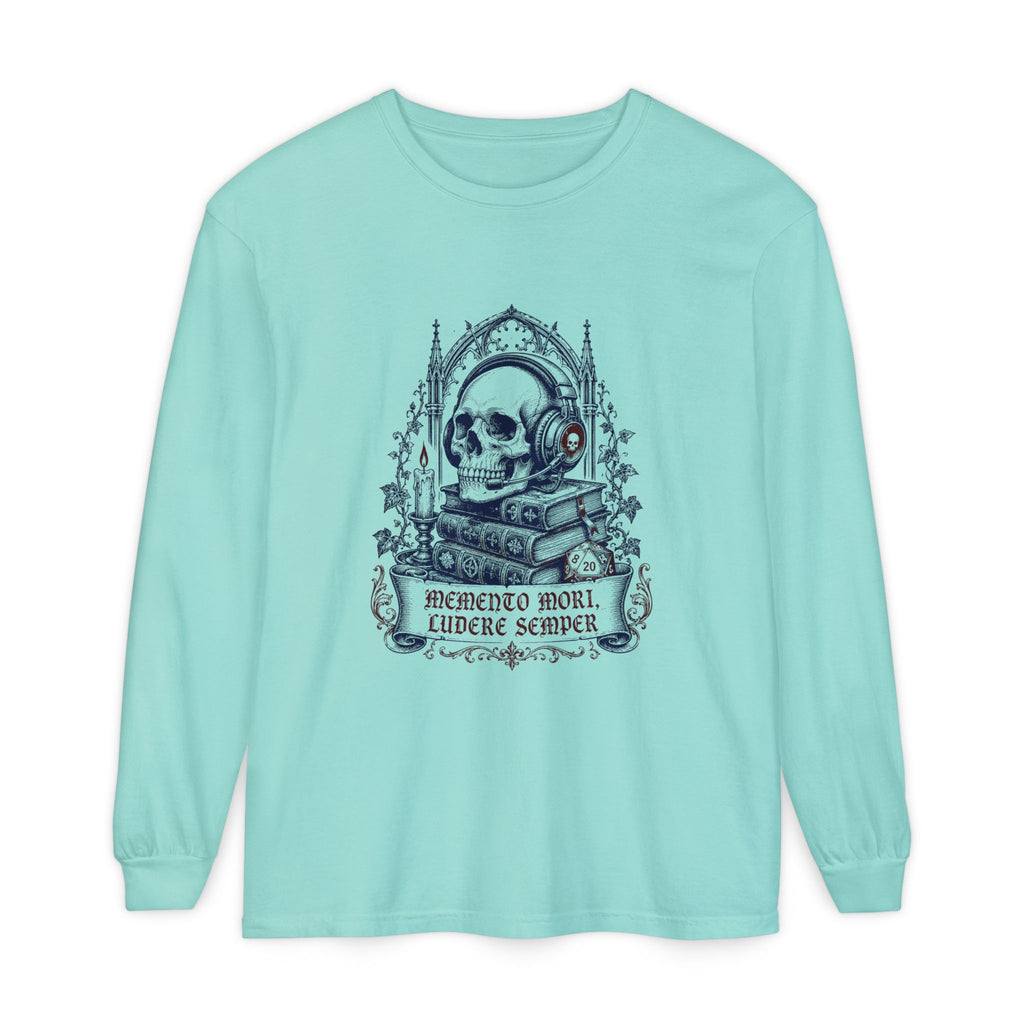 Gothic Skull 'Memento Mori' Bookstack Design - Long Sleeve T-Shirt