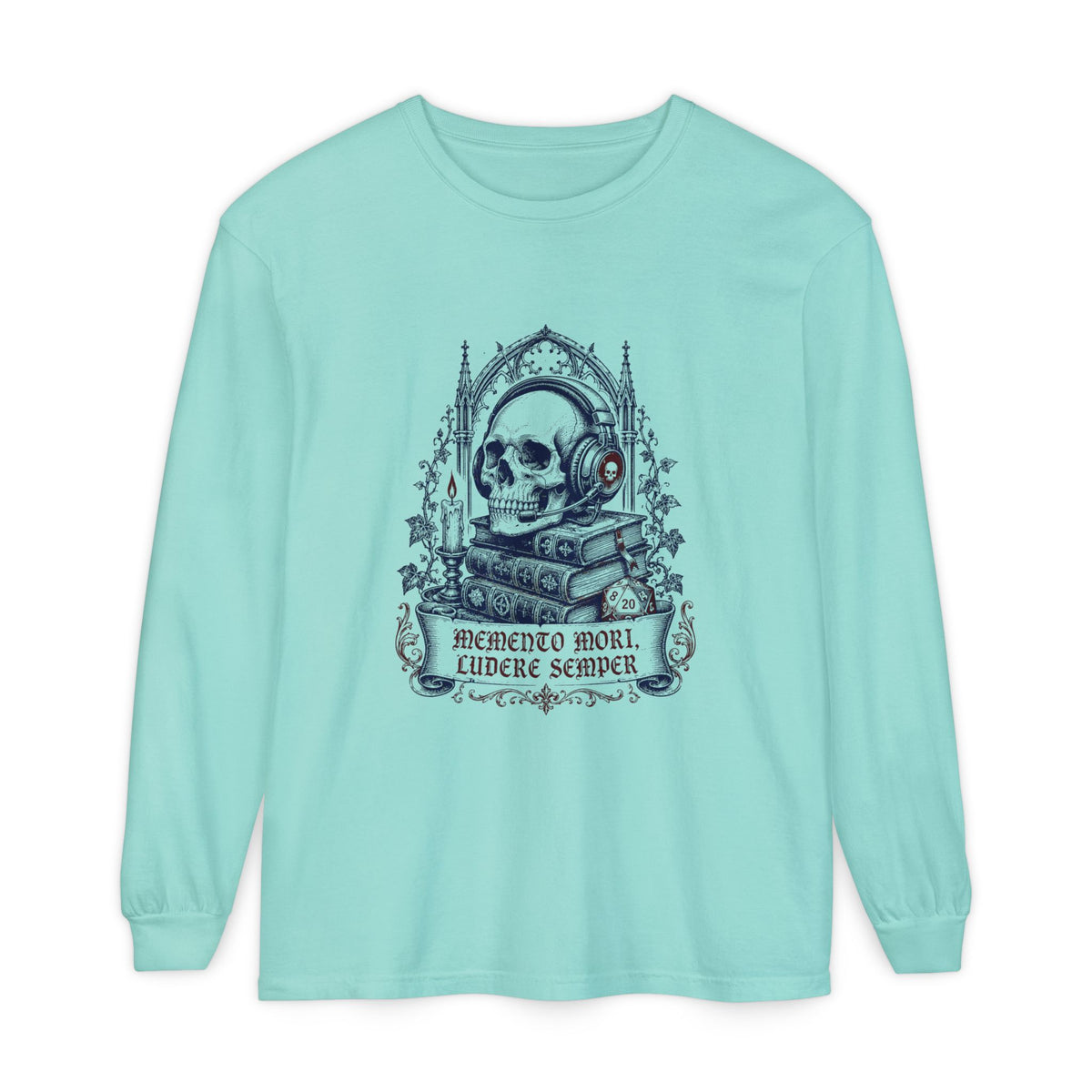 Gothic Skull 'Memento Mori' Bookstack Design - Long Sleeve T-Shirt