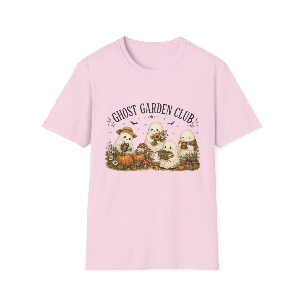 Ghost Garden Club T-Shirt — Cute Autumn Halloween Ghosts with Pumpkins & Flowers