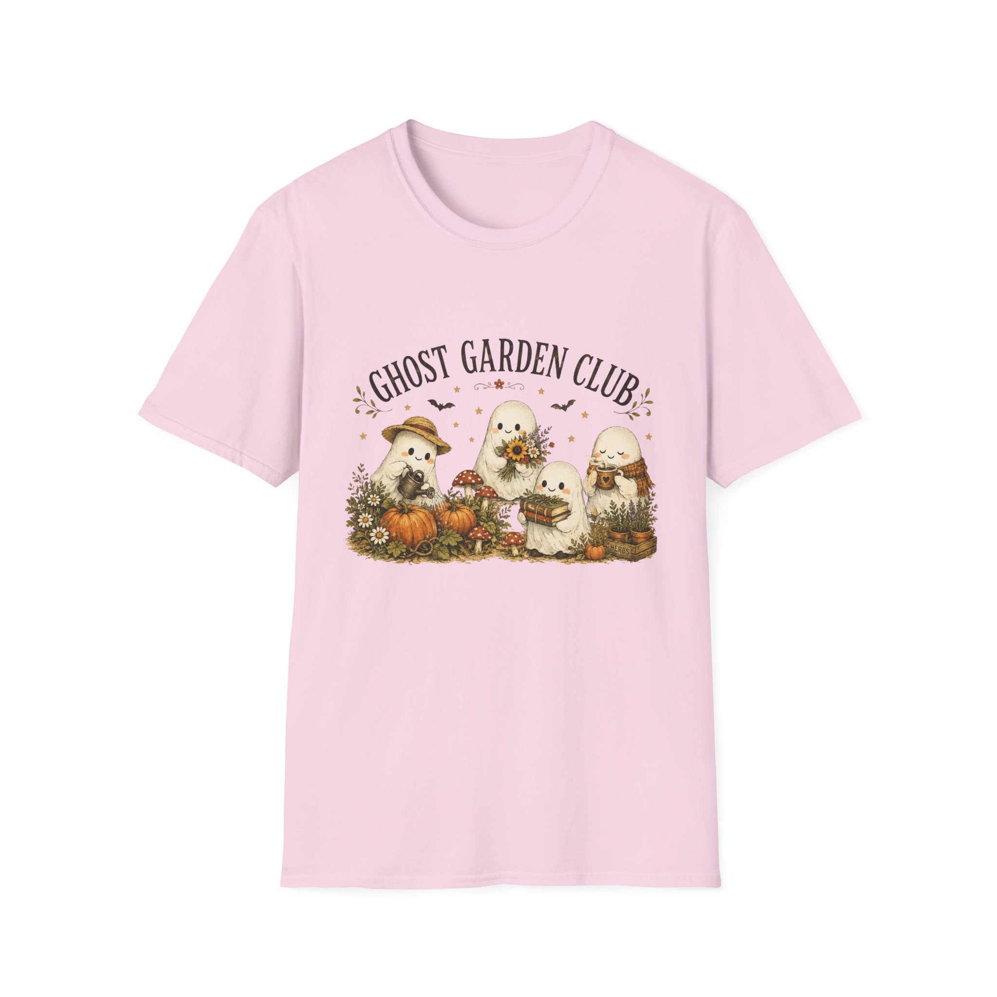 Ghost Garden Club T-Shirt — Cute Autumn Halloween Ghosts with Pumpkins & Flowers