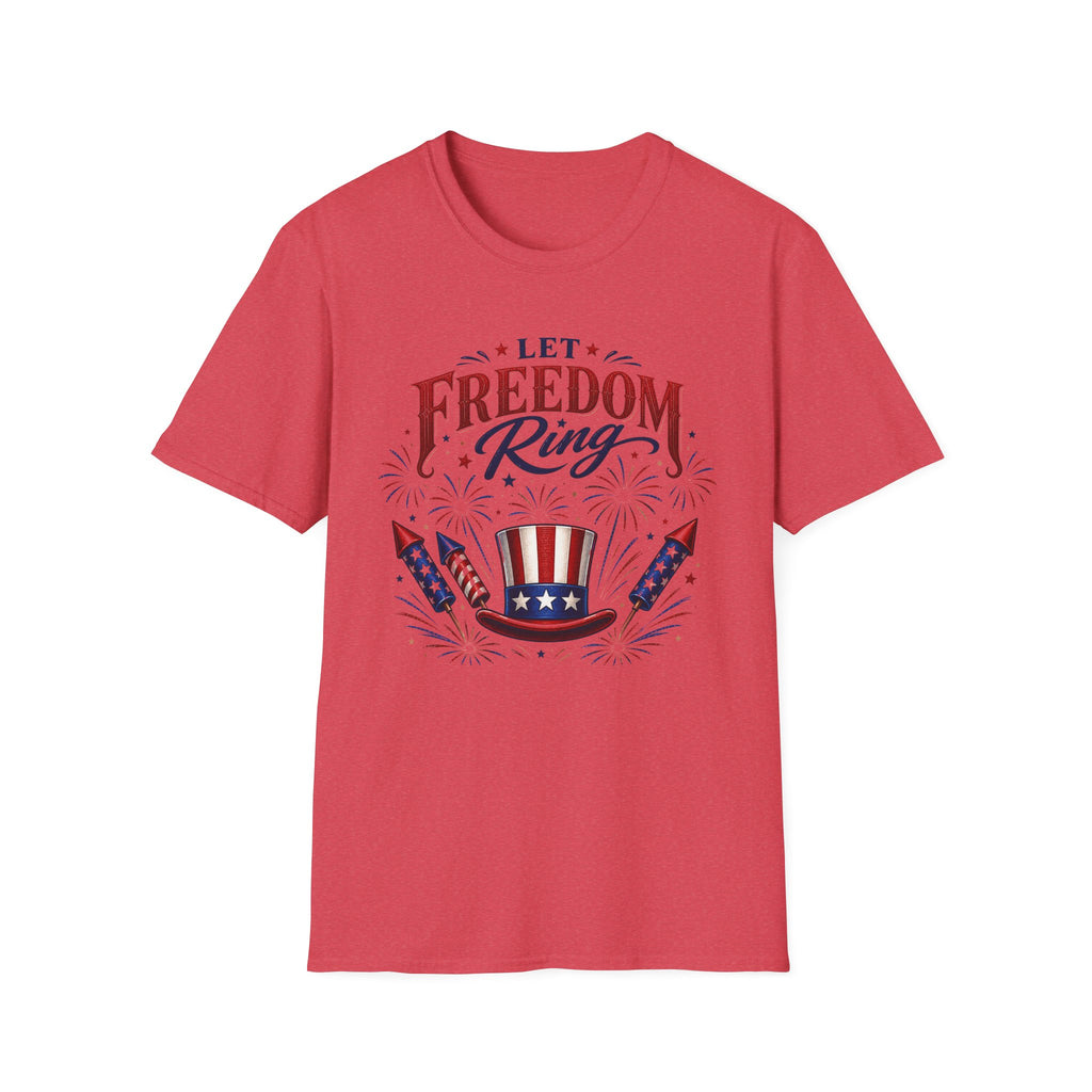 Let Freedom Ring T-Shirt | Patriotic Uncle Sam Hat Graphic Tee, Fourth Of July Charcoal Fireworks Top