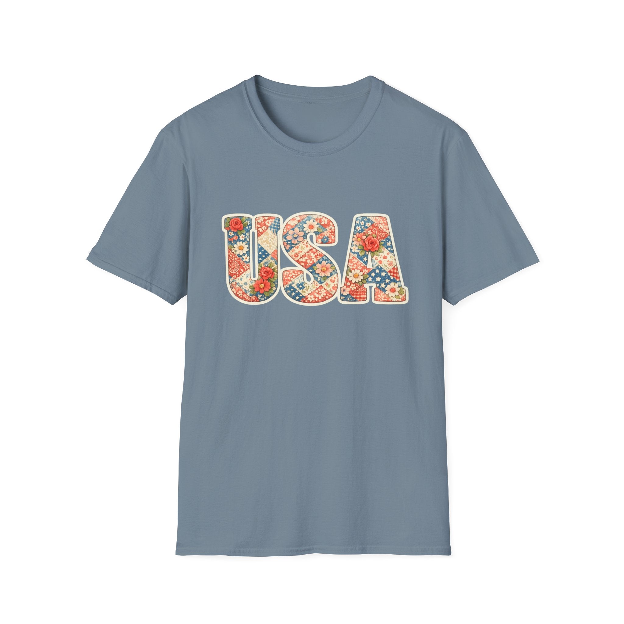 USA Floral Patchwork T-Shirt | Patriotic Block Lettering Graphic Tee, Fourth Of July Vintage Cottagecore Top