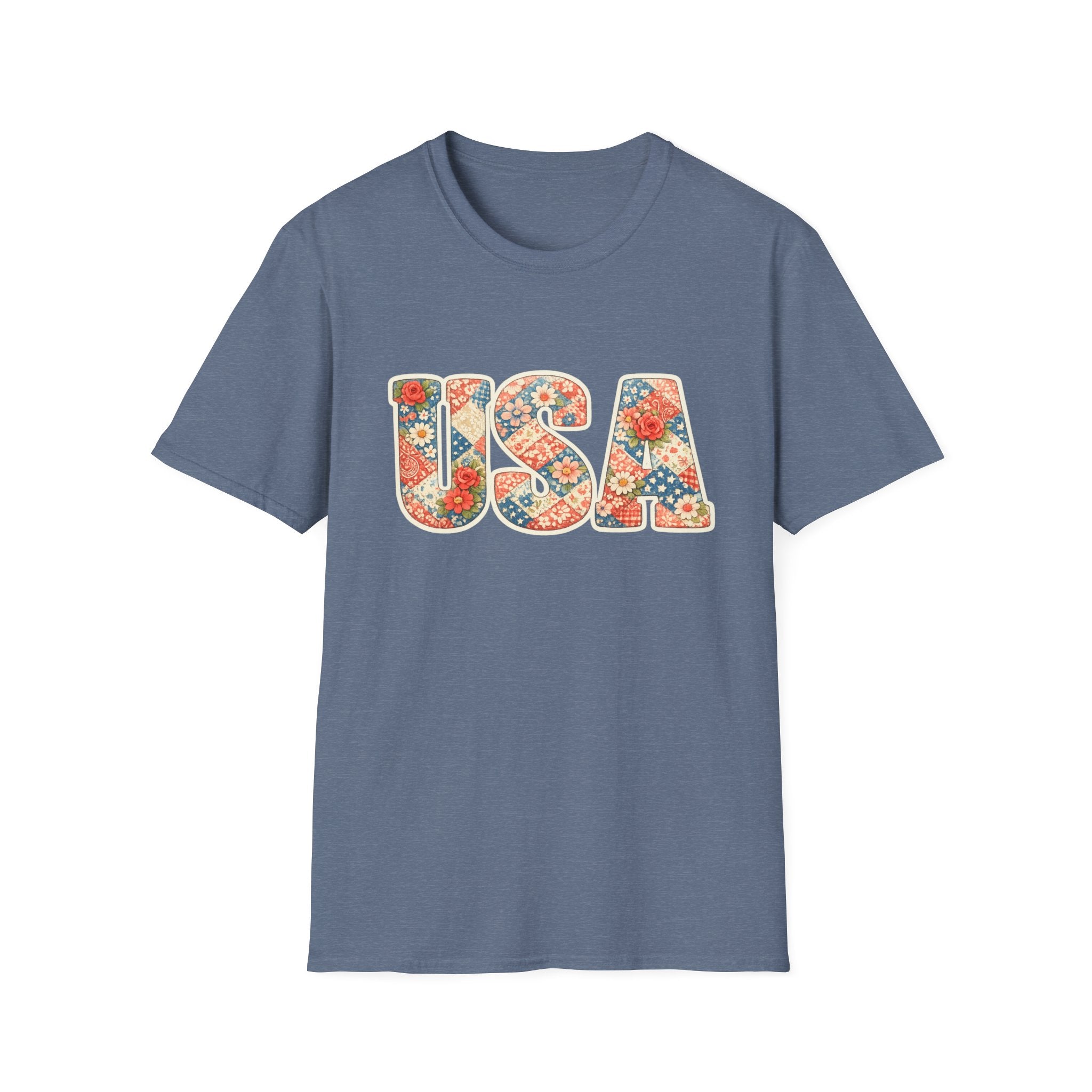 Quilted Patchwork USA T-Shirt, Vintage Floral Rose Daisy America Tee, Cottagecore Patriotic Letter Shirt, 4th of July Grandma Quilt Style