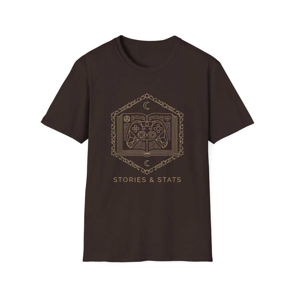 Gaming T-Shirt — 'Stories & Stats' Controller Spellbook Graphic