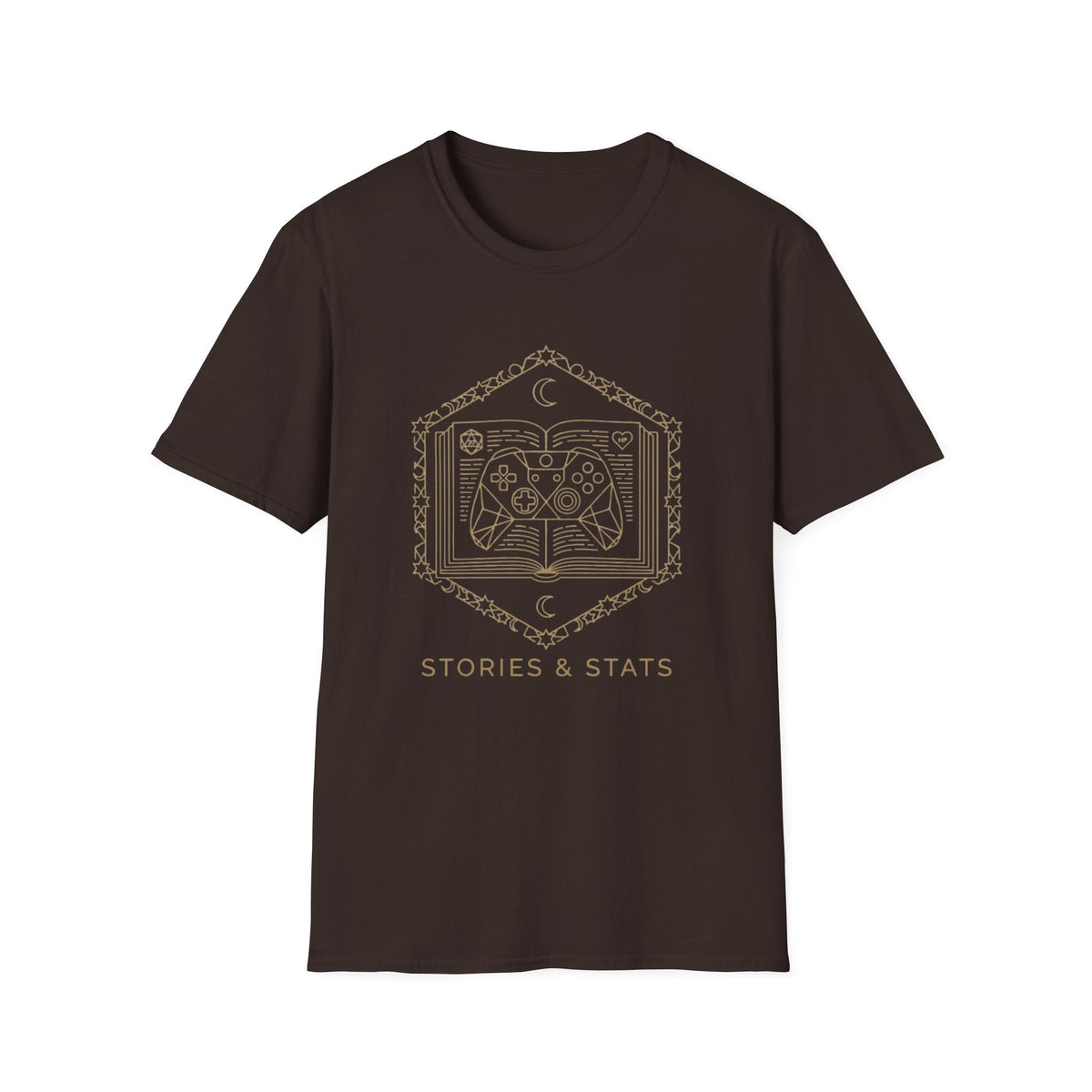 Gaming T-Shirt — 'Stories & Stats' Controller Spellbook Graphic