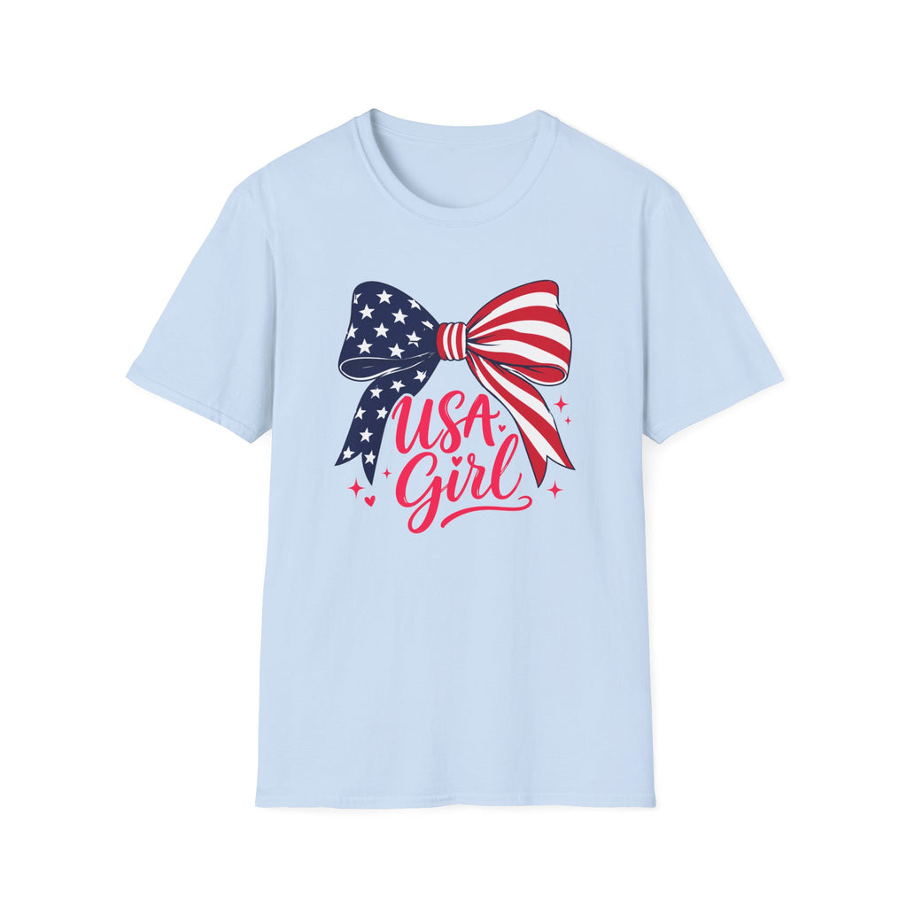 USA Girl T-Shirt, Coquette Flag Bow Pink Script Tee, 4th of July Girl Shirt Women Teens, Stars Stripes Bow Sparkle Patriotic Gift, Cute Pink Script Independence Day Tee