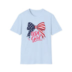USA Girl T-Shirt, Coquette Flag Bow Pink Script Tee, 4th of July Girl Shirt Women Teens, Stars Stripes Bow Sparkle Patriotic Gift, Cute Pink Script Independence Day Tee