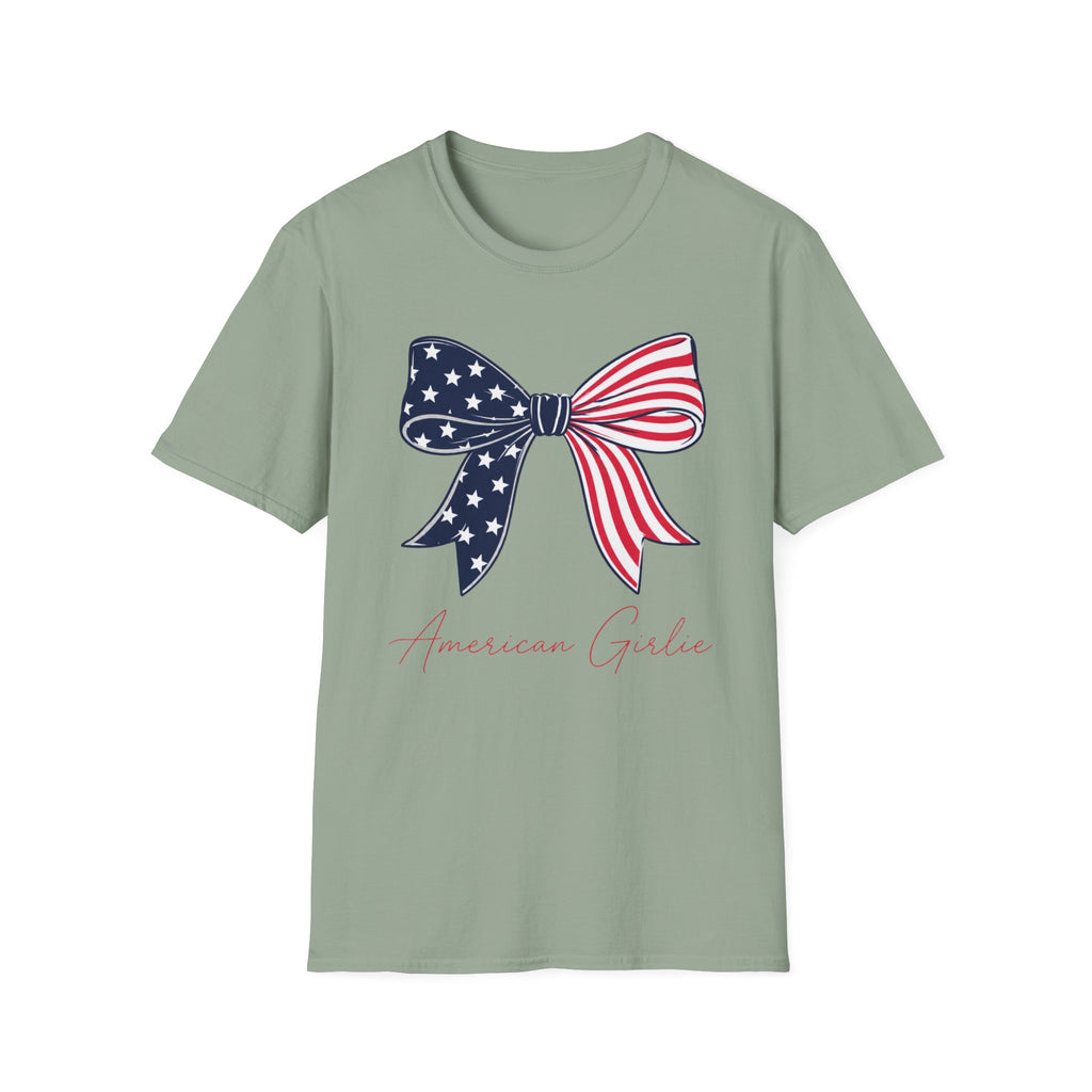 American Girlie Bow Shirt, Clean Split Flag Coquette Tee, Navy Stars Red Stripes Bow 4th of July Women Girls, Bold Graphic Patriotic Script Gift Independence Day