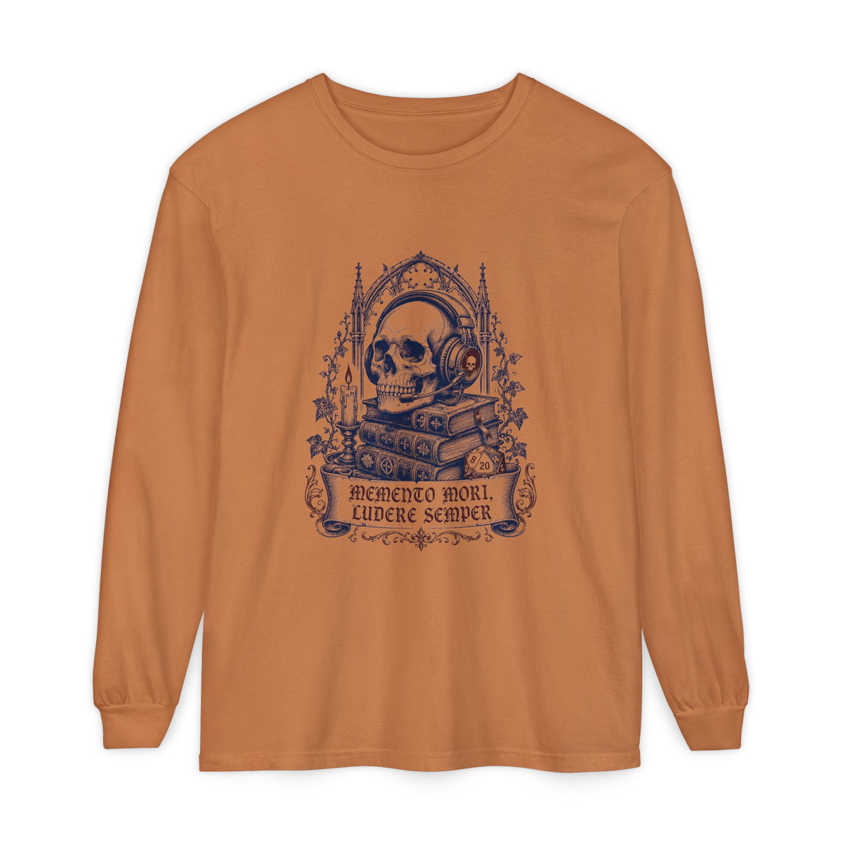Gothic Skull 'Memento Mori' Bookstack Design - Long Sleeve T-Shirt