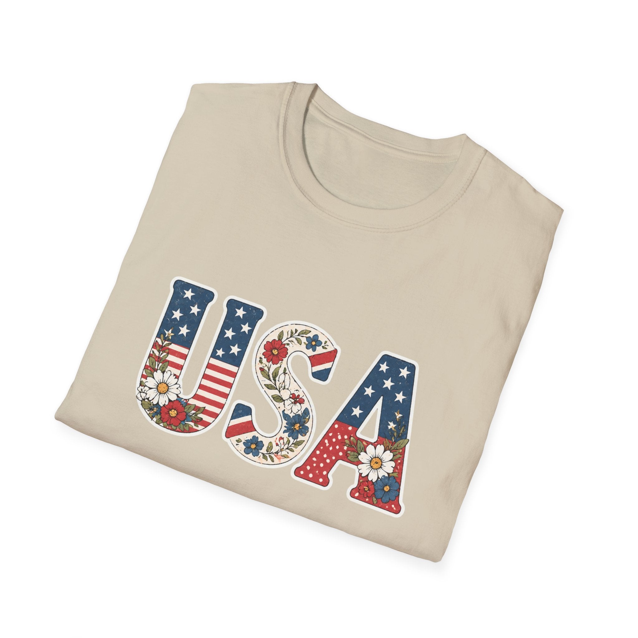 Floral USA T-Shirt, Cottagecore Patriotic Flower Letter Tee, 4th of July Wildflower America Shirt, Stars Stripes Daisy Poppy Gift, Vintage Botanical