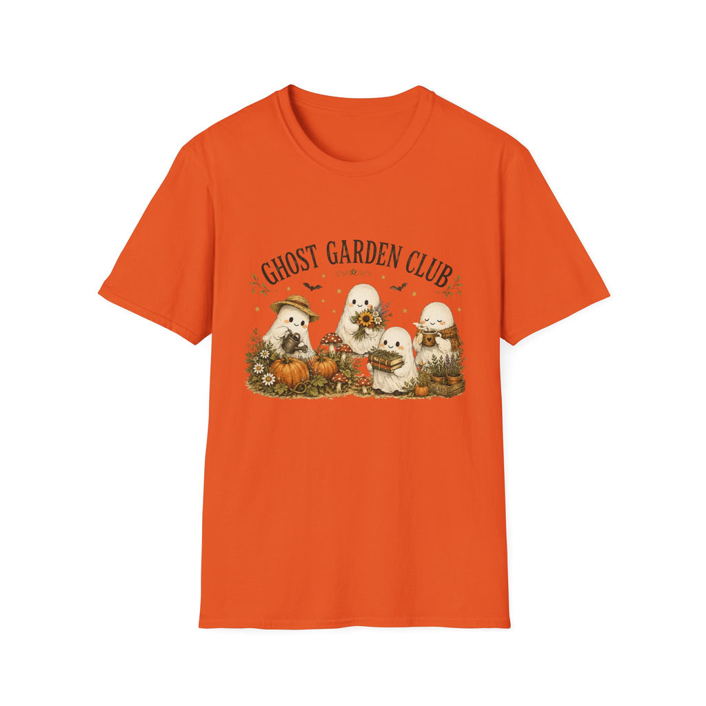 Ghost Garden Club T-Shirt — Cute Autumn Halloween Ghosts with Pumpkins & Flowers