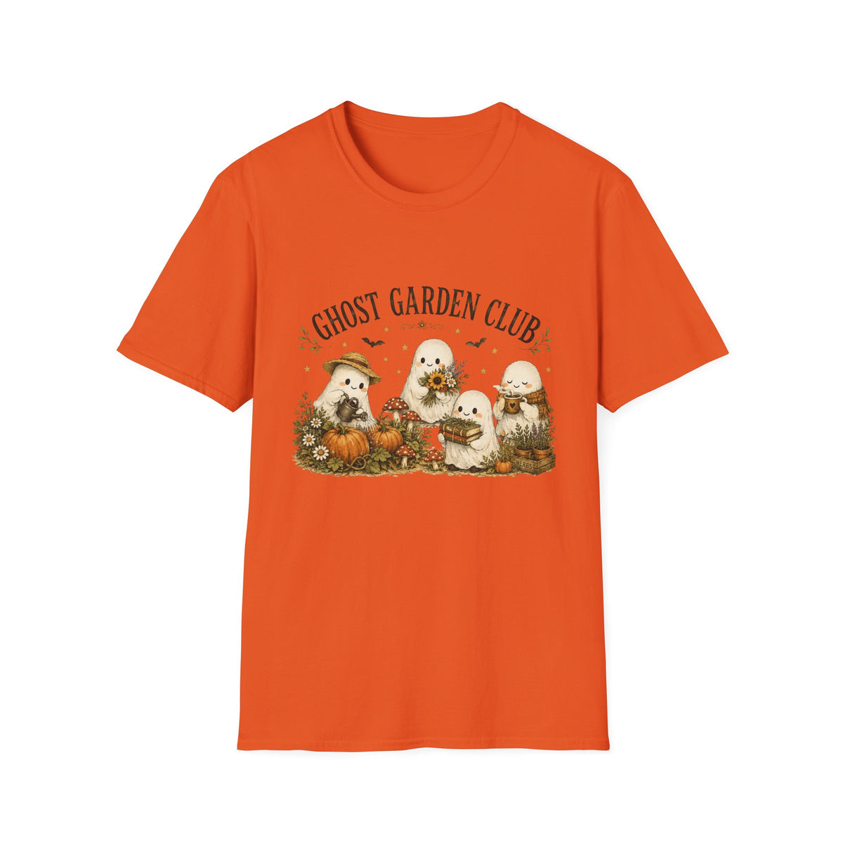 Ghost Garden Club T-Shirt — Cute Autumn Halloween Ghosts with Pumpkins & Flowers
