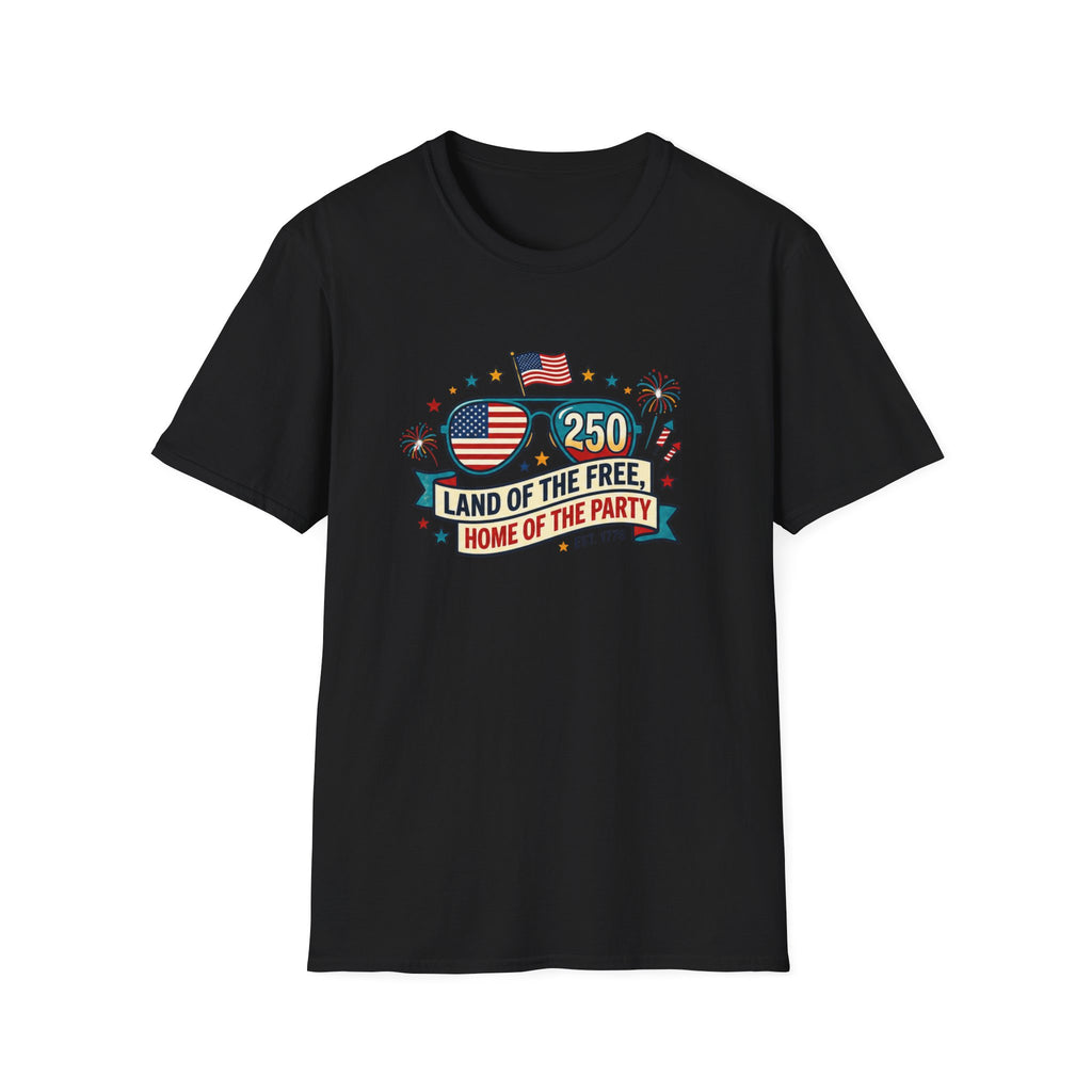 Land of the Free Home of the Party Tee, USA 250 Sunglasses Shirt, Red White Blue Celebration Graphic Top, Patriotic Fourth of July Outfit T-Shirt