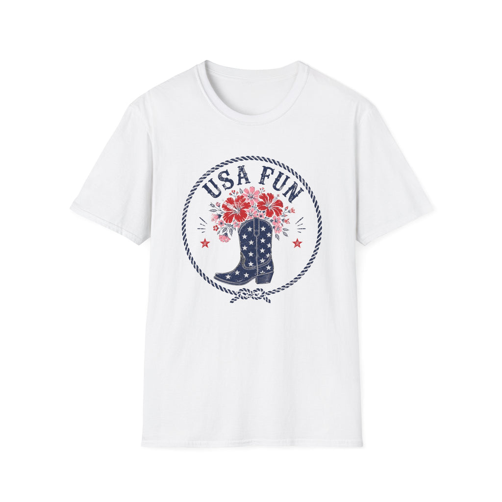 USA Fun Floral Cowboy Boot T-Shirt, Western Patriotic Hibiscus Boot Tee, Country 4th of July Rope Circle Shirt, Star Boot Wildflower America Gift