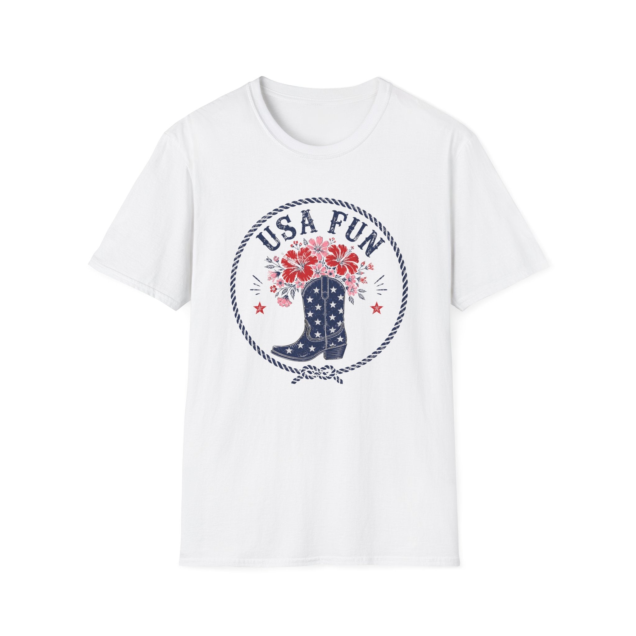 USA Fun Floral Cowboy Boot T-Shirt, Western Patriotic Hibiscus Boot Tee, Country 4th of July Rope Circle Shirt, Star Boot Wildflower America Gift