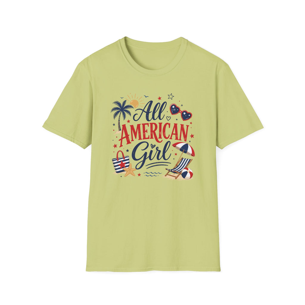 All American Girl Graphic Tee - Patriotic 4th of July Summer Beach T-Shirt