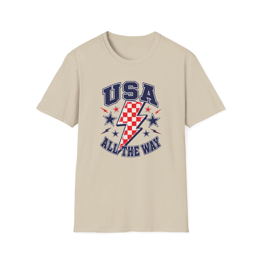USA All The Way Patriotic T-Shirt, Retro Americana Graphic Tee, Vintage Fourth of July Shirt, Lightning Bolt Checkered Design, Summer Independence Day Apparel T-Shirt