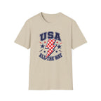 USA All The Way Patriotic T-Shirt, Retro Americana Graphic Tee, Vintage Fourth of July Shirt, Lightning Bolt Checkered Design, Summer Independence Day Apparel T-Shirt
