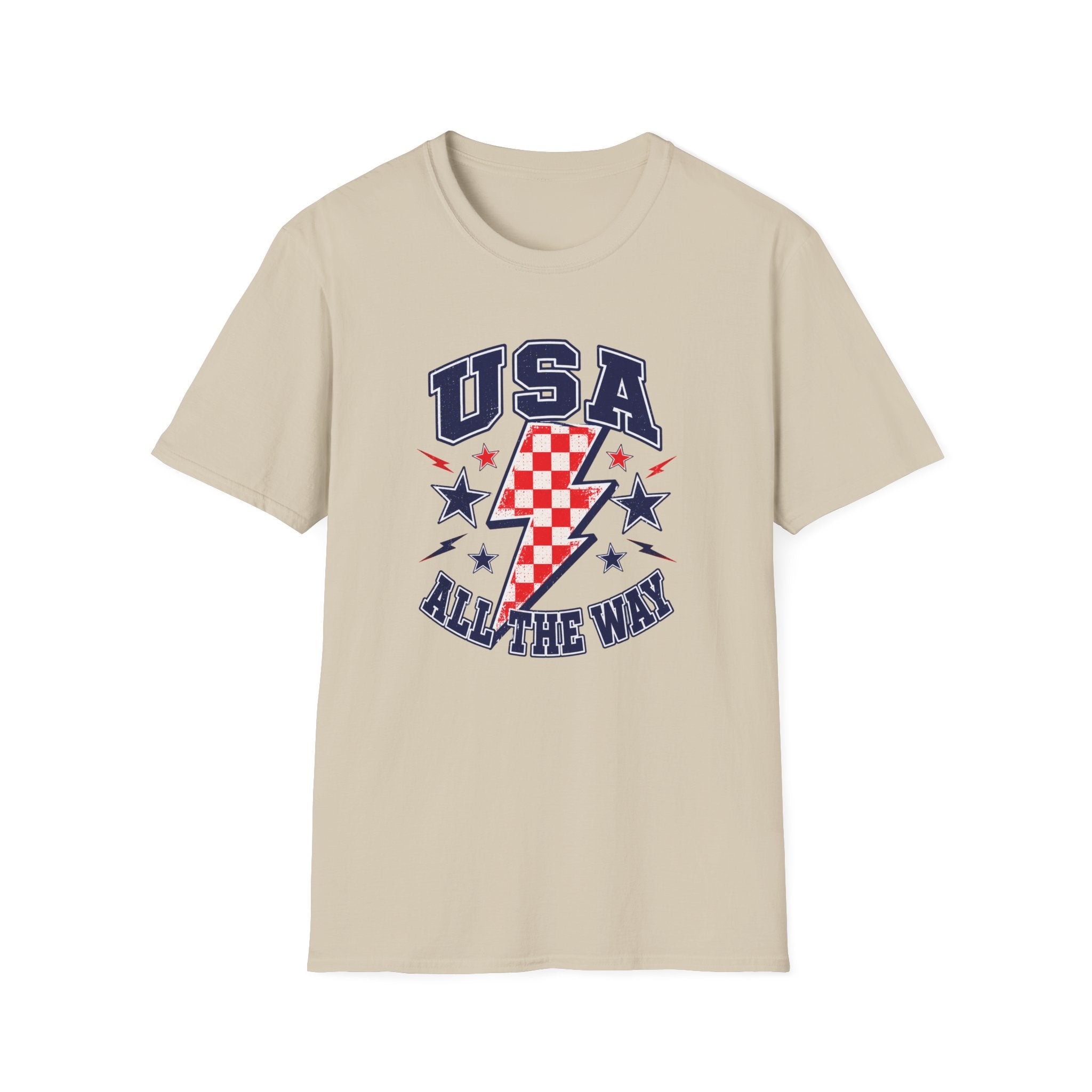 USA All The Way Patriotic T-Shirt, Retro Americana Graphic Tee, Vintage Fourth of July Shirt, Lightning Bolt Checkered Design, Summer Independence Day Apparel T-Shirt