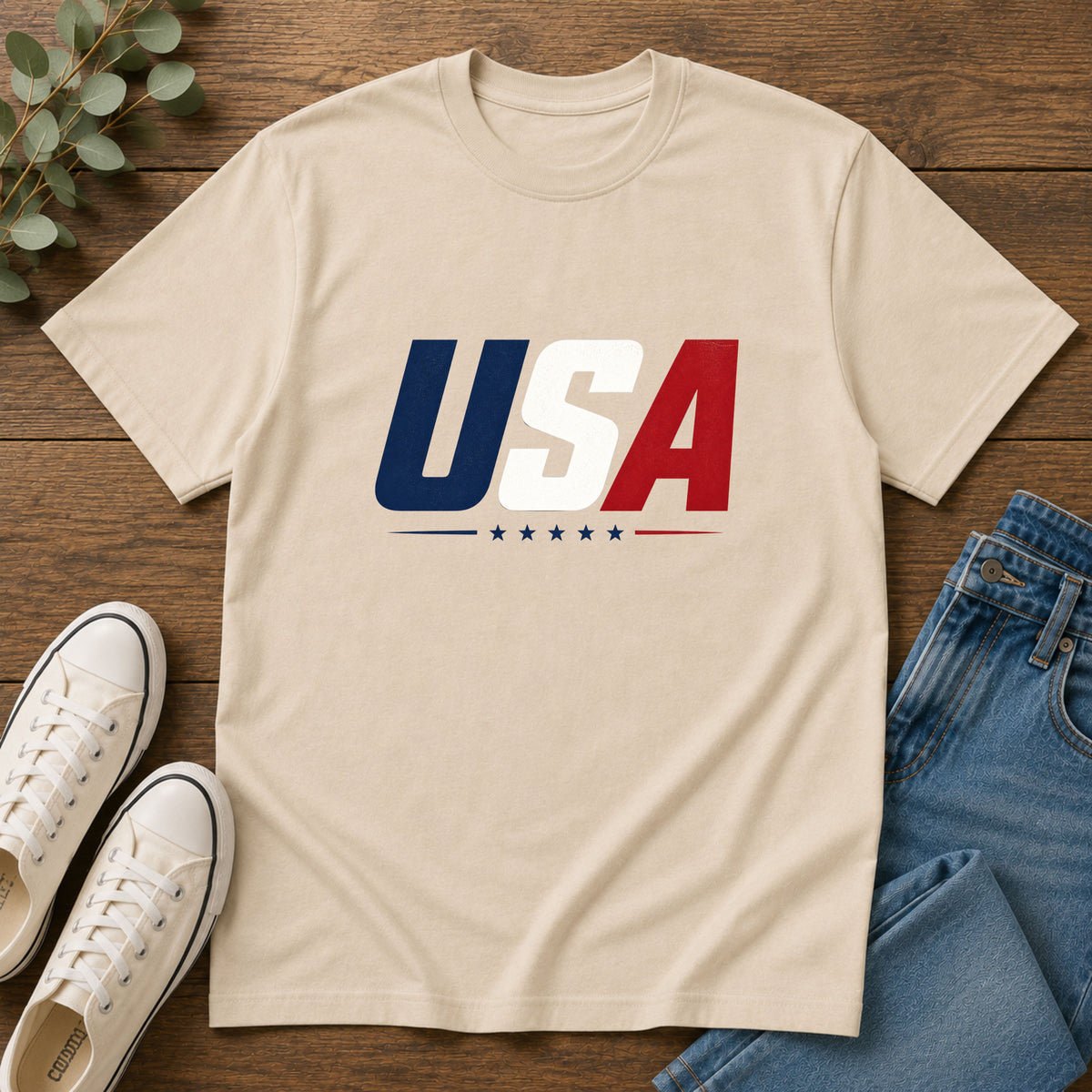 USA Bold Letter T-Shirt Sand, Patriotic American Stars Tee, 4th of July Neutral Color Shirt, USA Red White Blue Sand Tee, Independence Day Gift