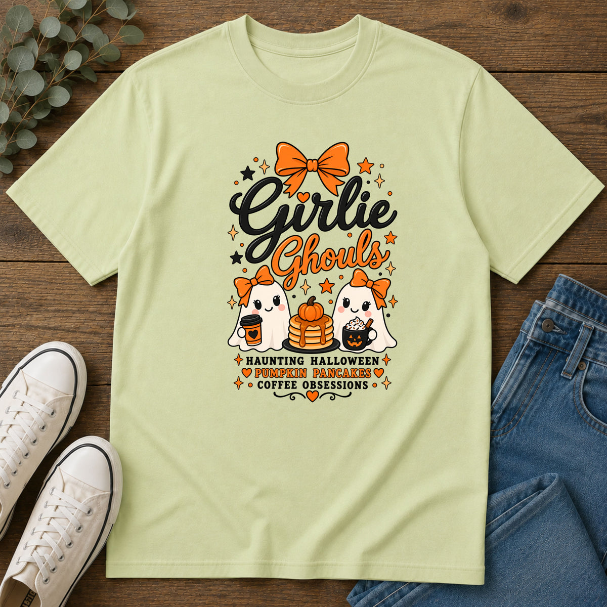 Girlie Ghouls Halloween T‑Shirt — Cute Orange Bow Spooky Graphic Tee