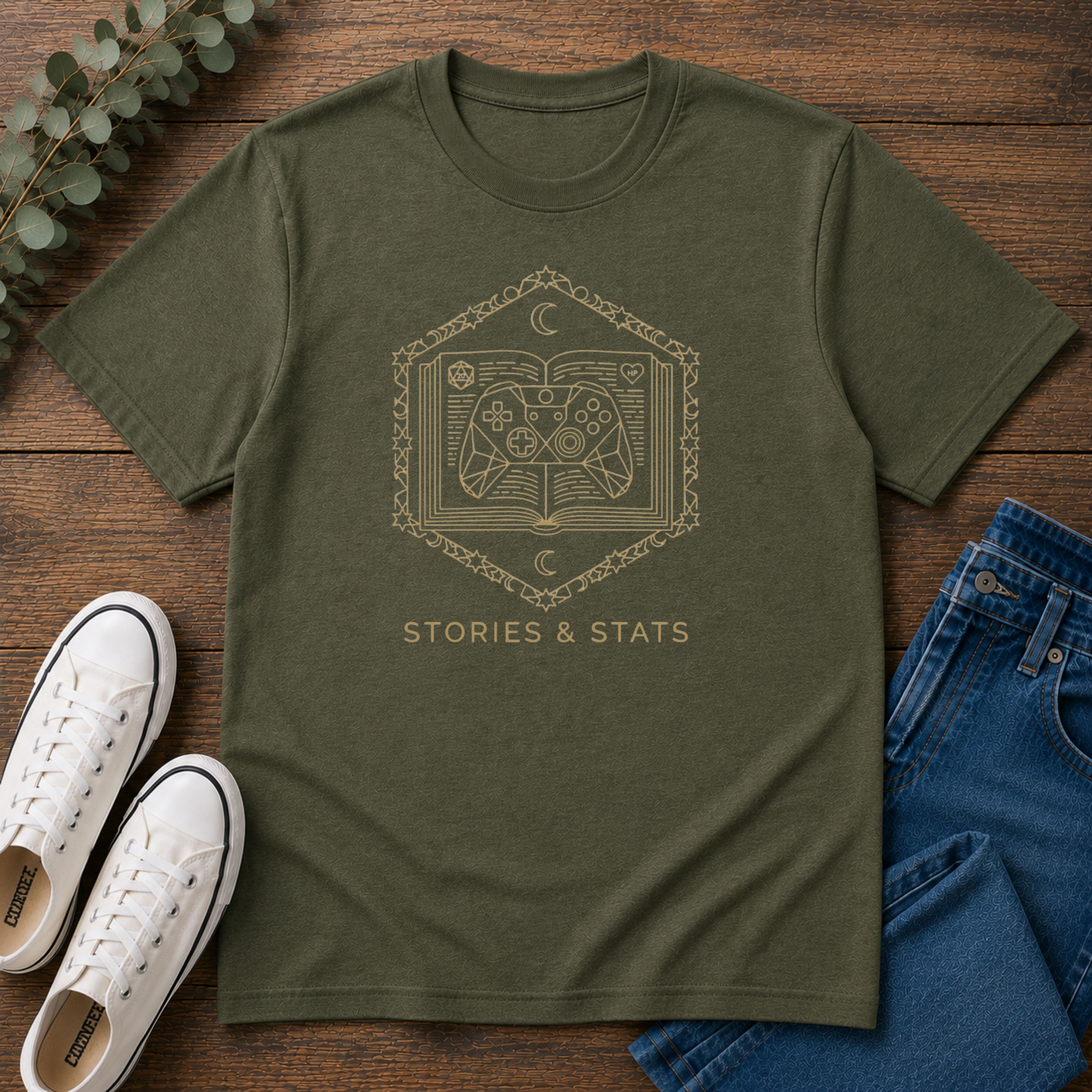 Gaming T-Shirt — 'Stories & Stats' Controller Spellbook Graphic