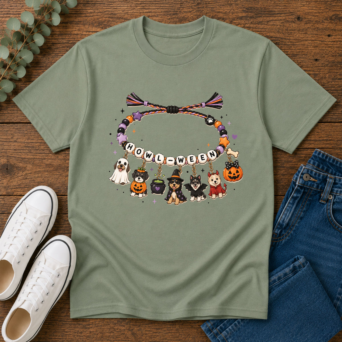 Halloween Charm Bracelet T-Shirt — Cute Howl-ween Puppy Dog & Ghost Graphic Tee
