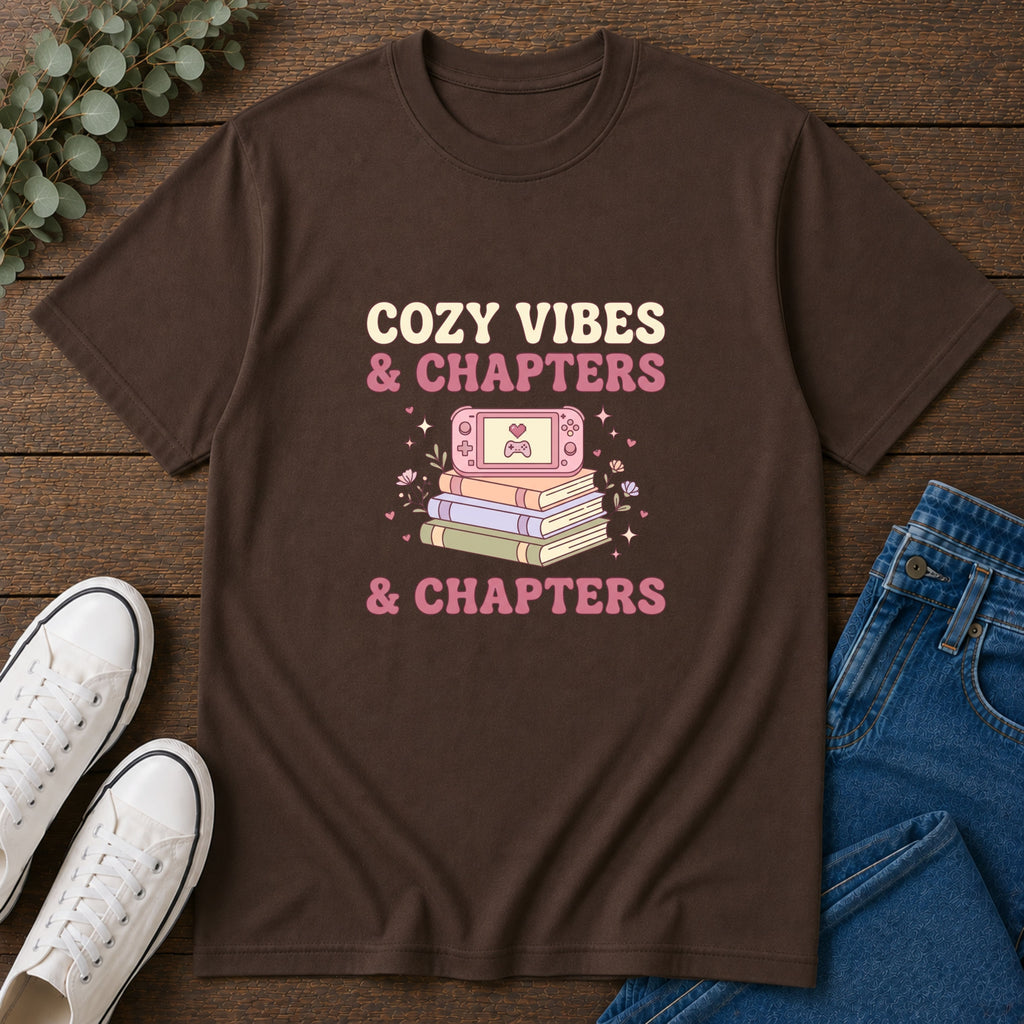 Cozy Vibes & Chapters T-Shirt — Cute Gamer + Booklover Graphic Tee