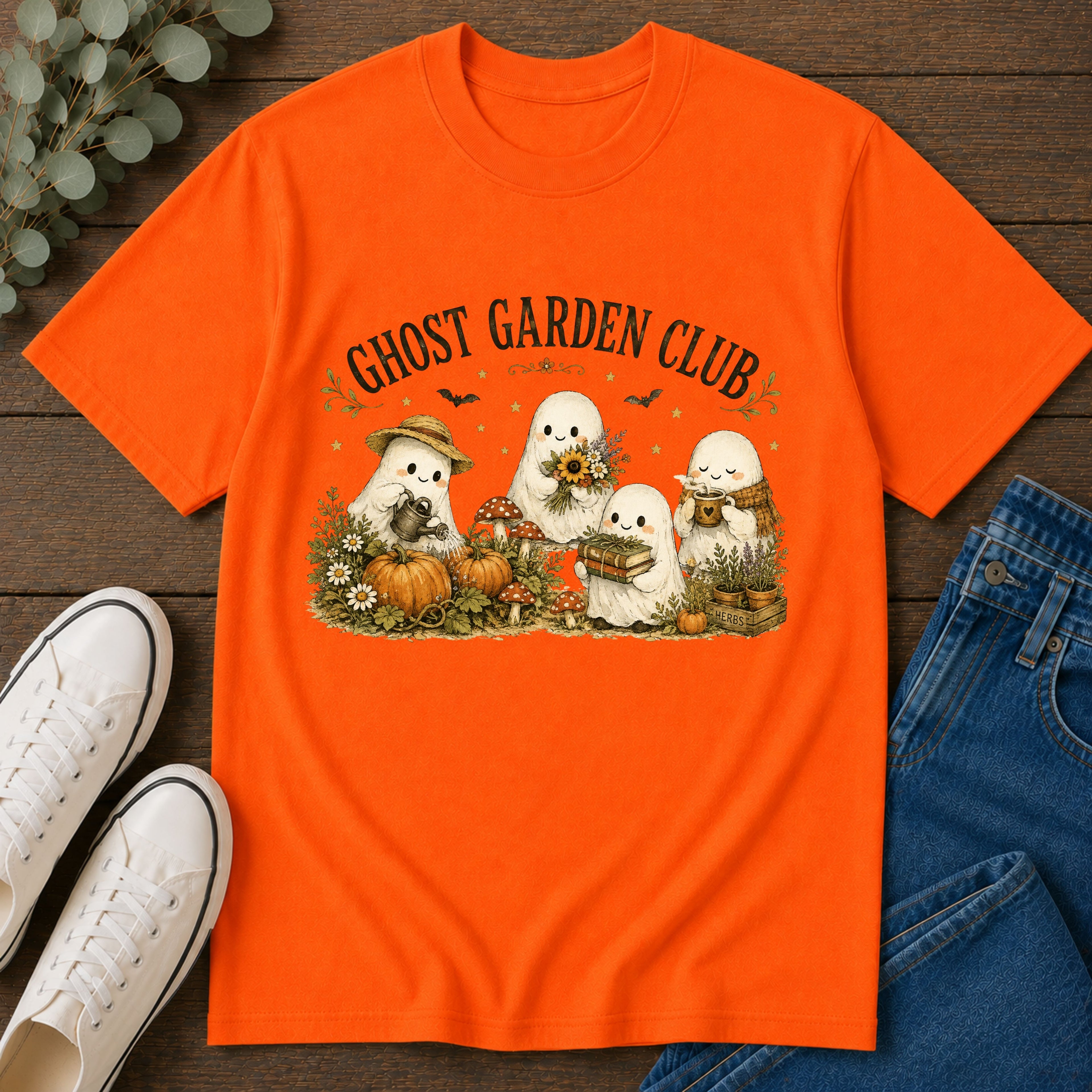 Ghost Garden Club T-Shirt — Cute Autumn Halloween Ghosts with Pumpkins & Flowers