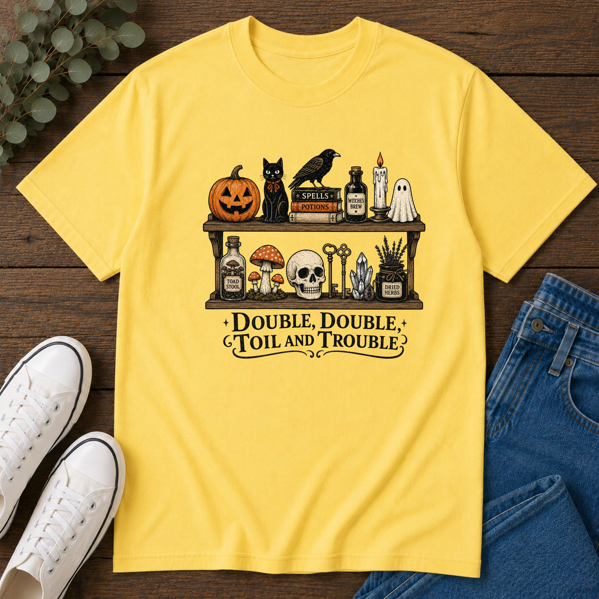 Halloween Potion Shelf T‑Shirt — "Double, Double, Toil and Trouble"