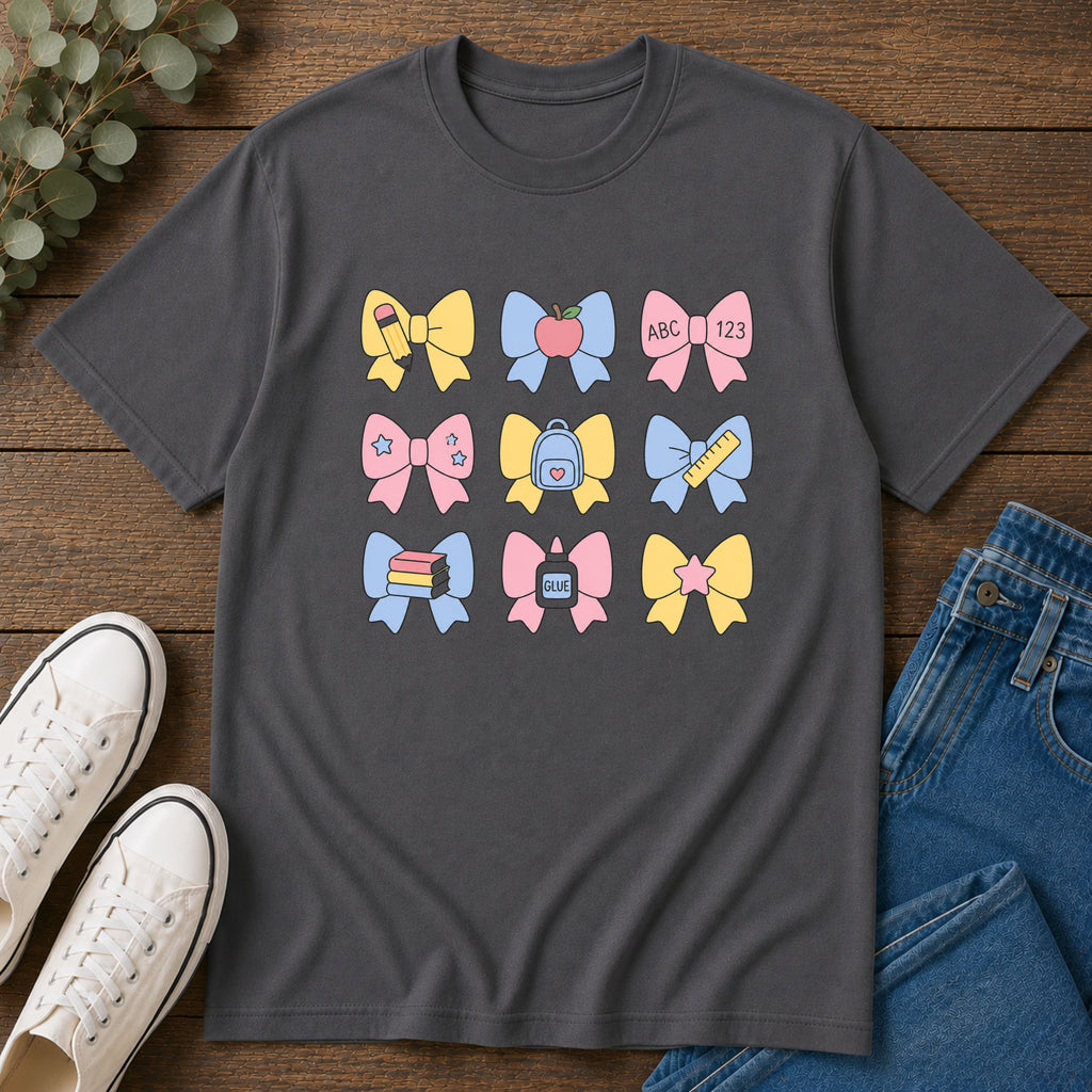 Cute Back-to-School Bow T-Shirt — Pastel School Supplies Graphic Tee