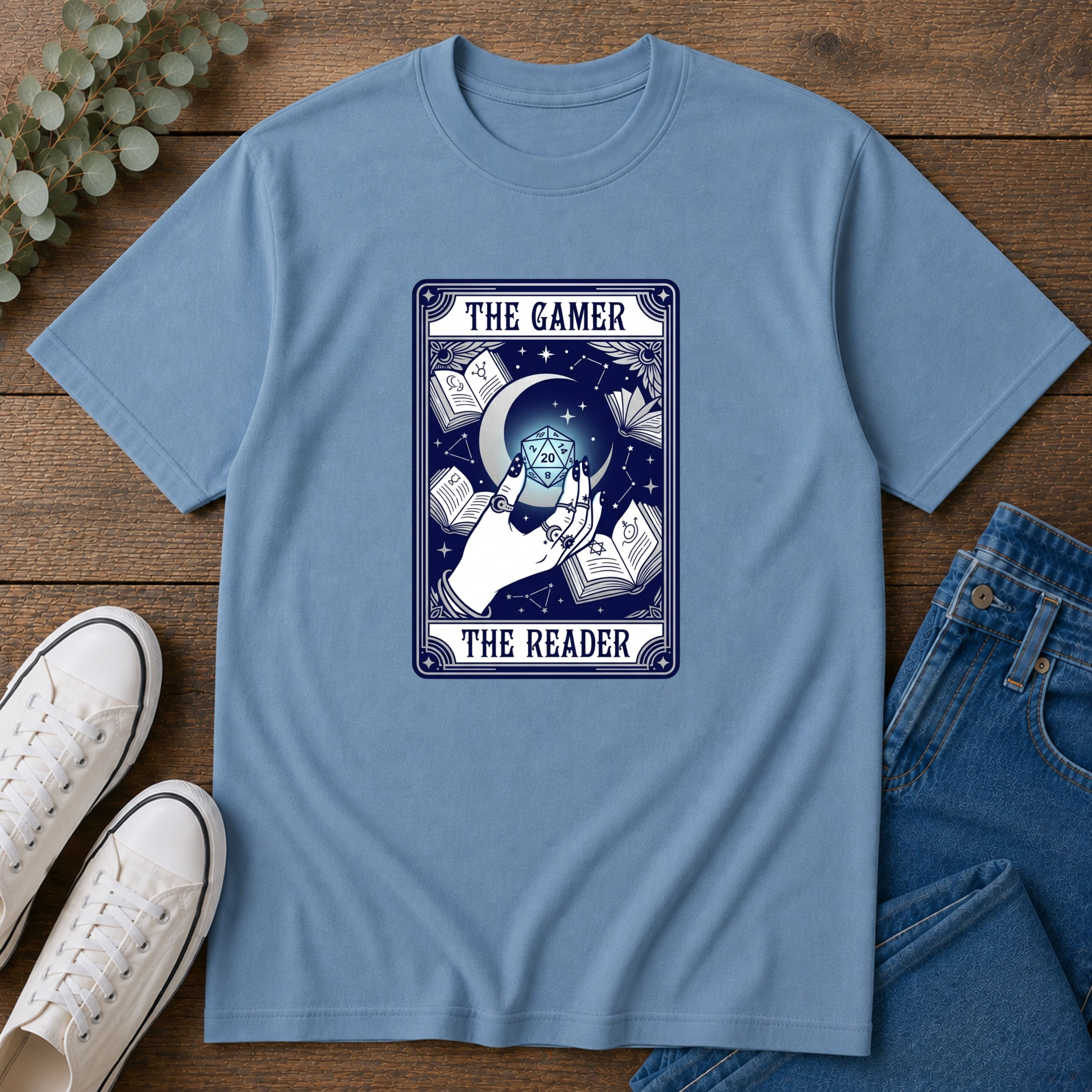The Gamer The Reader T‑Shirt — Fantasy Dice & Book Illustration Tee