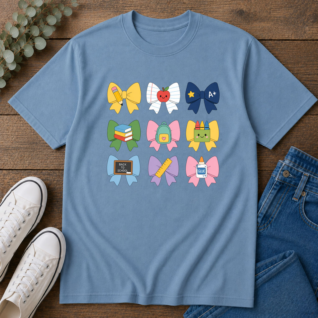 Teacher-themed Bow T-Shirt — Cute School Supply Bows (Apple, A+, Books, Backpack)