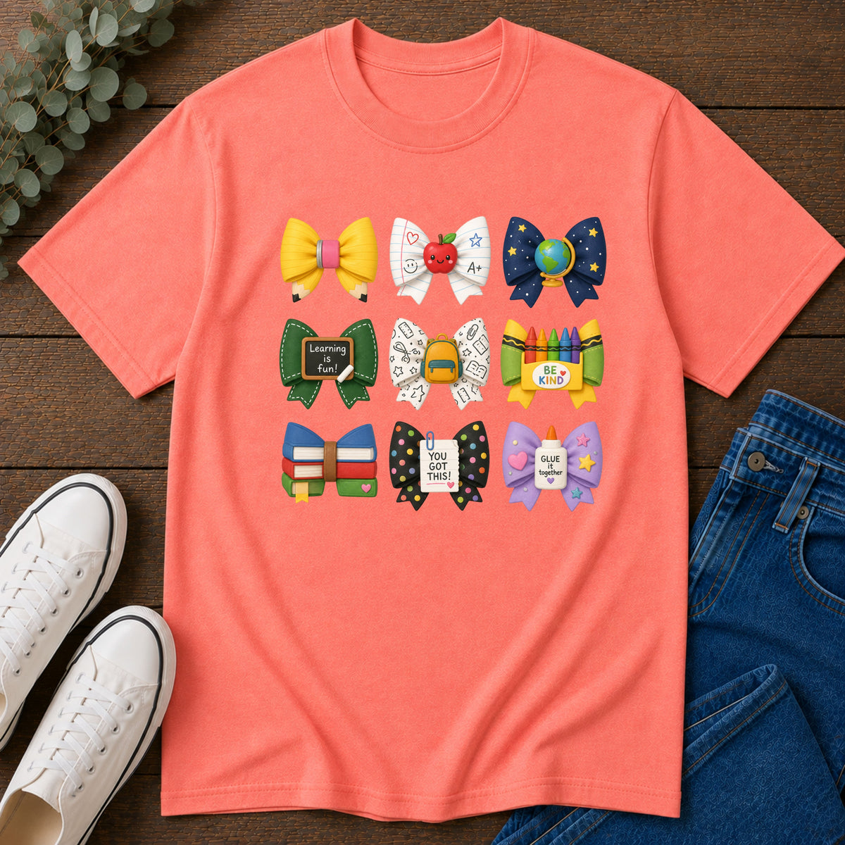 Teacher Appreciation Bow T-Shirt — Cute School-Themed Hair Bows (Be Kind, Learning Is Fun)