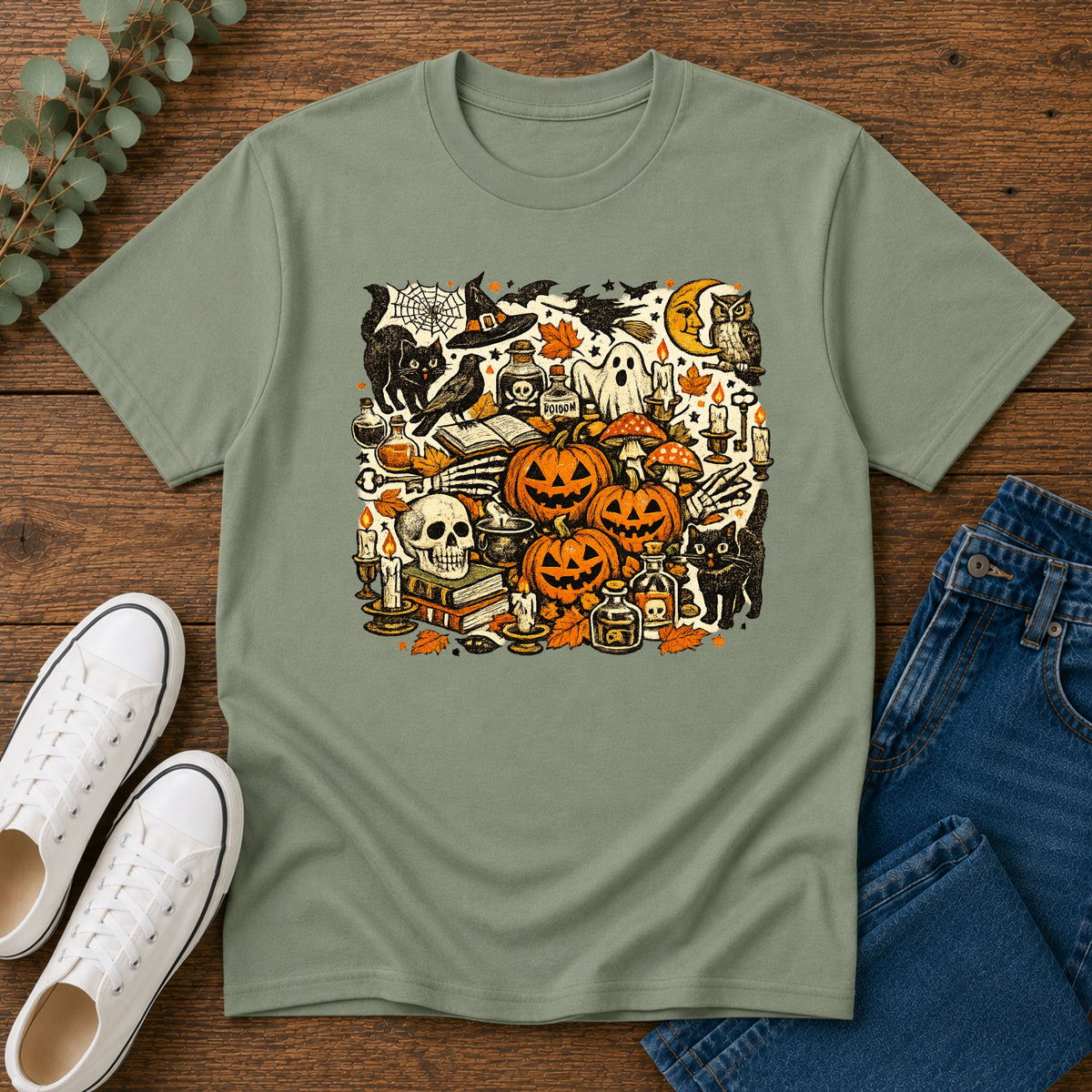 Halloween Vintage Graphic T-Shirt — Pumpkins, Cats & Spooky Night