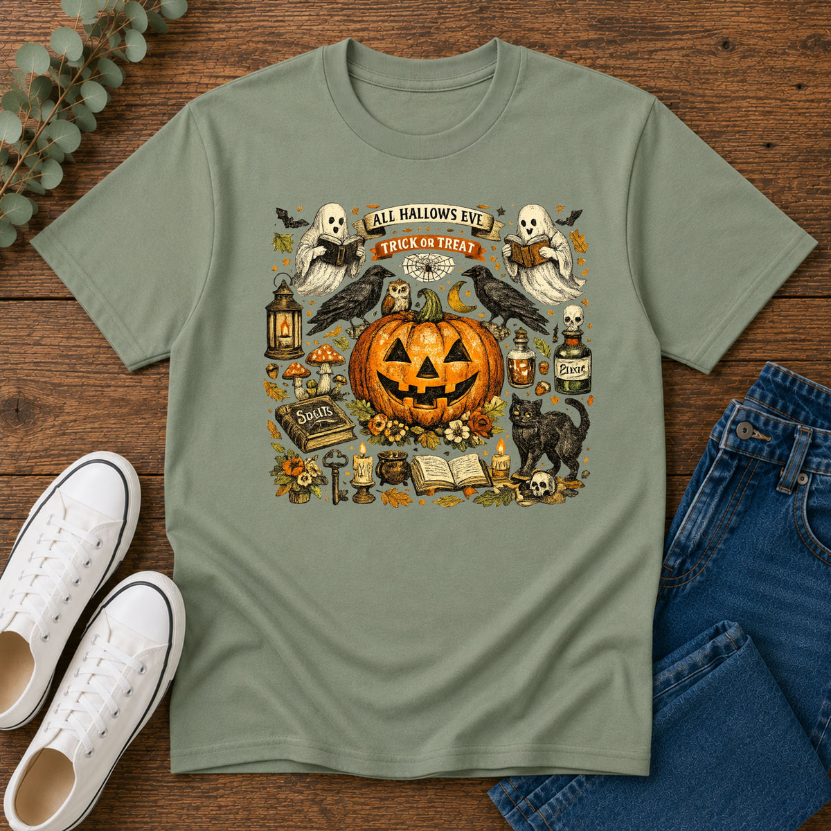 Halloween Pumpkin & Ghost Tee — "All Hallows Eve, Trick or Treat" Graphic T-Shirt