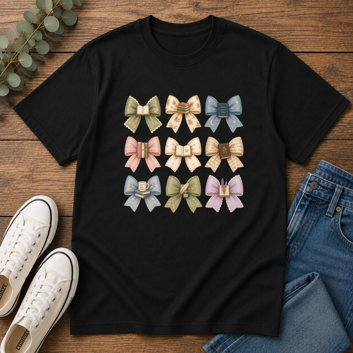 Bow Pattern T-Shirt — Vintage Floral Ribbon Graphic Tee