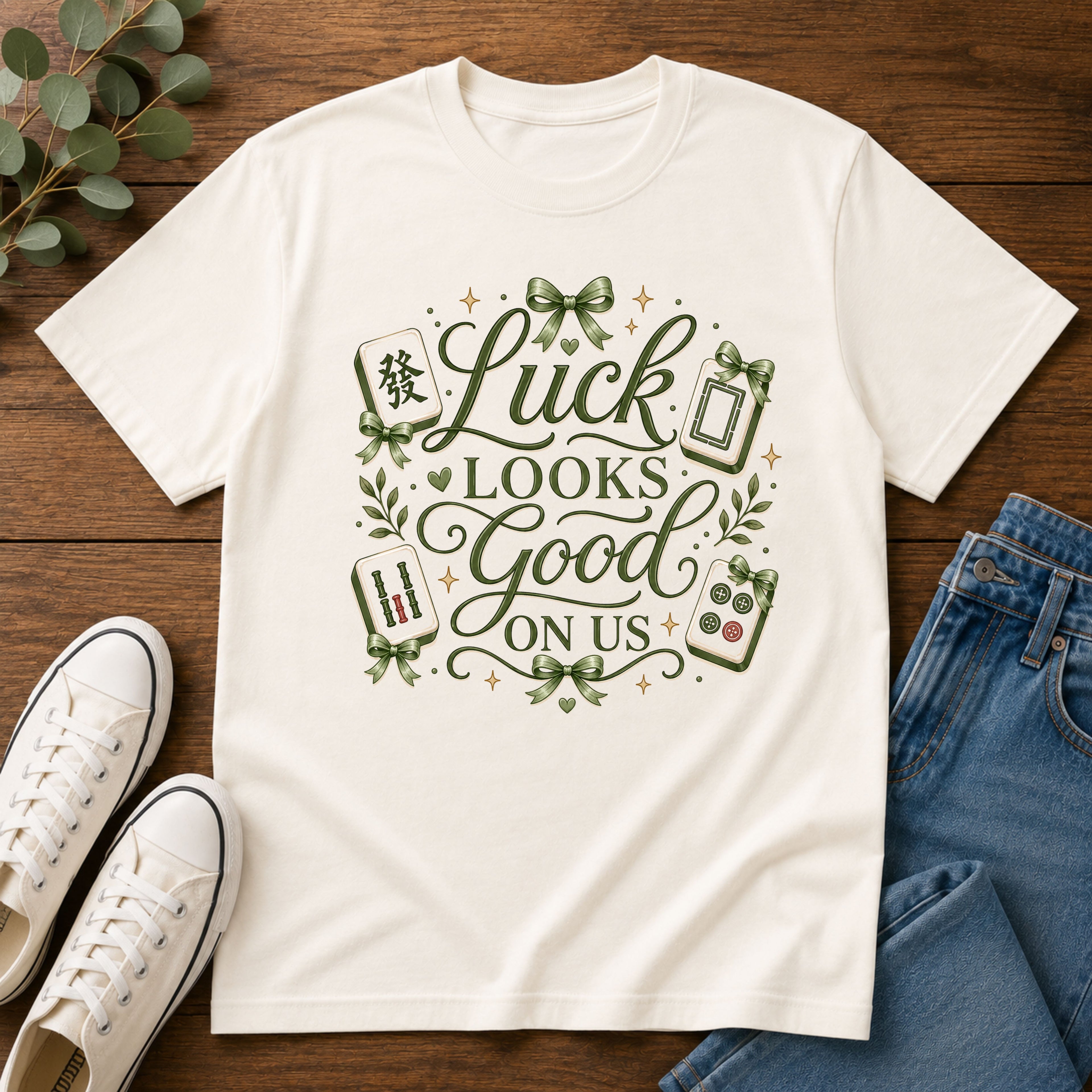 T-Shirt — "Luck Looks Good On Us" Graphic Tee (Mahjong & Charm Design)