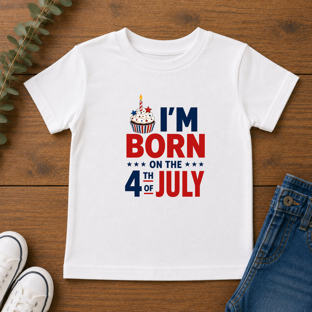 Born on the 4th of July Tee, Patriotic Birthday USA Shirt, Red White Blue Cupcake Graphic Top, Independence Day Celebration Outfit Toddler Short Sleeve Tee