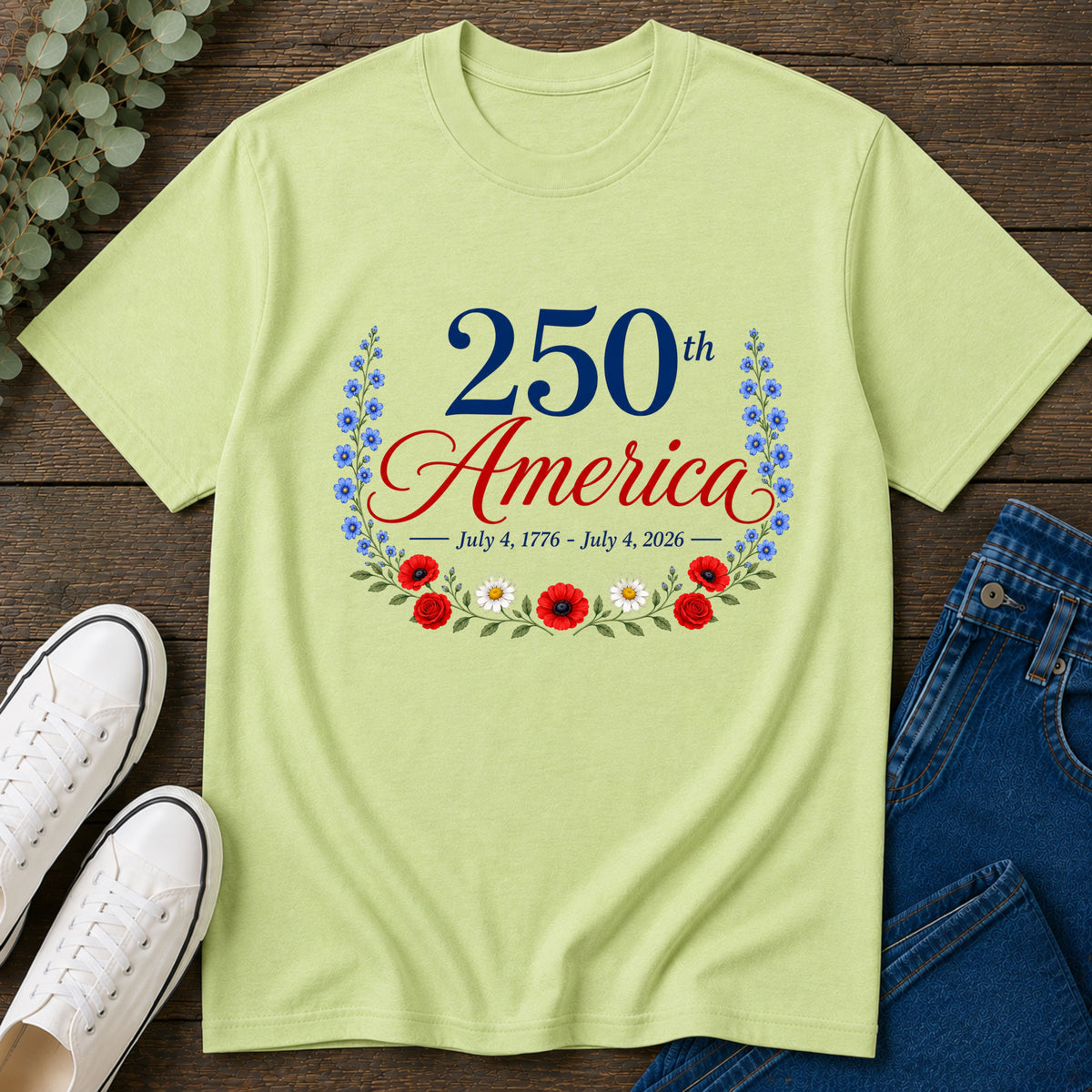 250th America Floral T-Shirt, July 4 1776 2026 Anniversary Tee, Patriotic Flower Shirt, America 250th Birthday Gift, Cottagecore 4th of July Tee