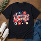Liberty Retro USA Tee, Vintage Red White Blue Shirt, Patriotic Floral Graphic Top, Fourth of July Celebration Outfit Unisex Softstyle T-Shirt