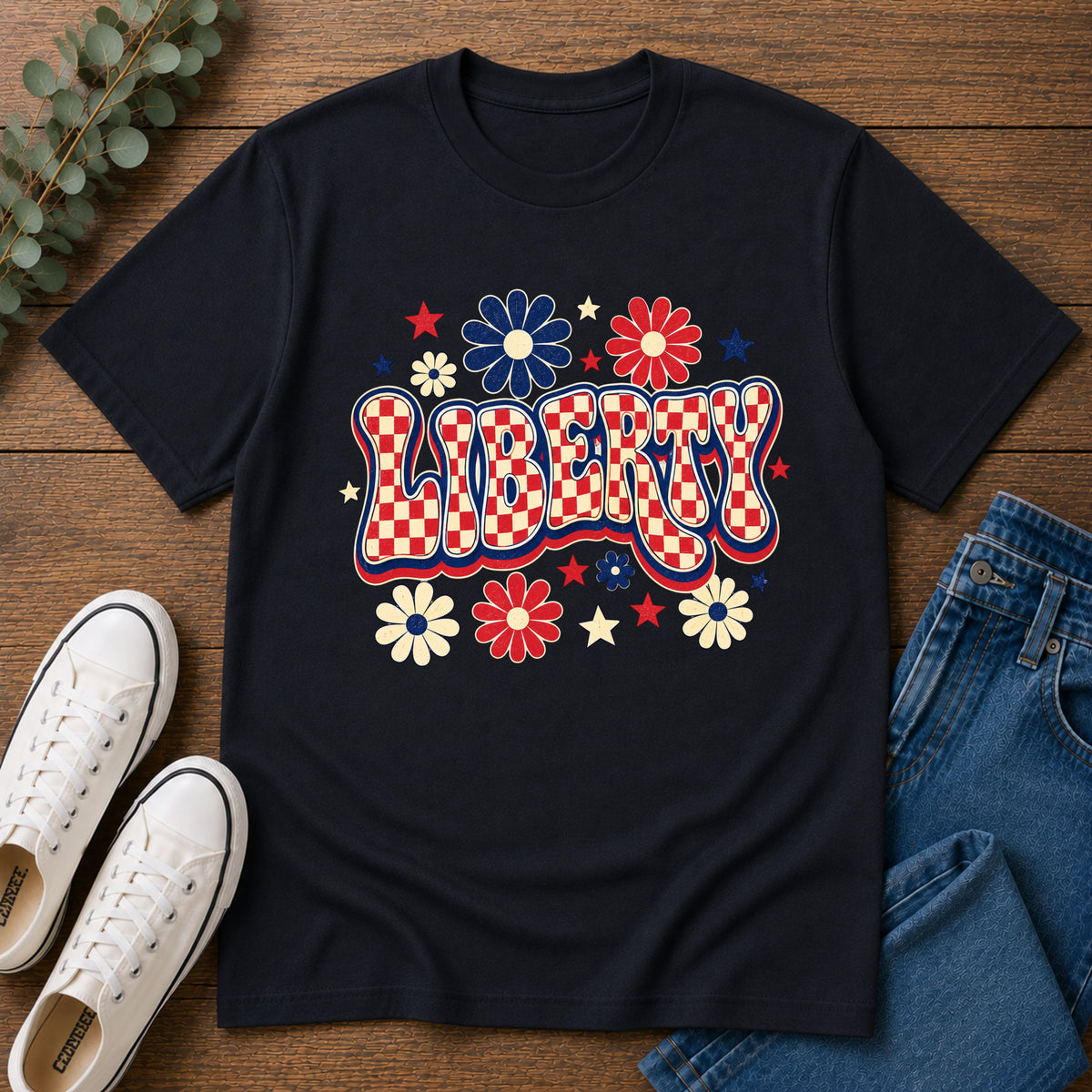 Liberty Retro USA Tee, Vintage Red White Blue Shirt, Patriotic Floral Graphic Top, Fourth of July Celebration Outfit Unisex Softstyle T-Shirt