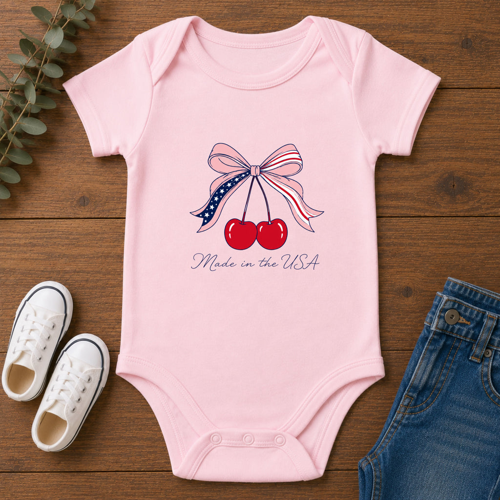 Cherry Baby French Onesie, Cute Red Bow Infant Bodysuit, Sweet Fruit Graphic Baby Outfit, Adorable Newborn Gift Infant Fine Jersey Bodysuit