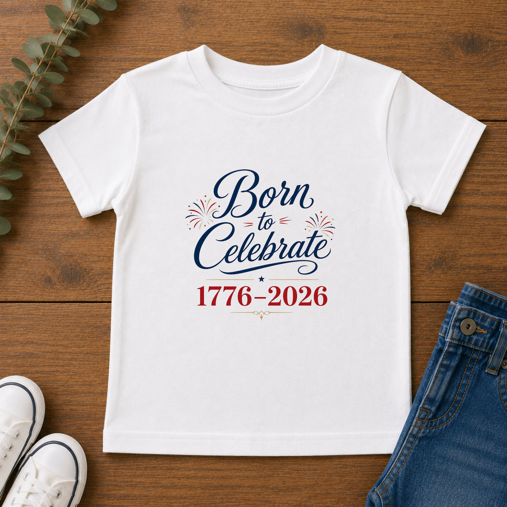 Born to Celebrate 1776 2026 Tee, Patriotic USA Anniversary Shirt, Red White Blue Fireworks Graphic Top, Semiquincentennial Celebration Outfit Toddler Short Sleeve Tee