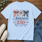 America 250 Years of Freedom Bow Shirt, Coquette Patriotic Trio Bow Tee 1776 2026, 4th of July Women's Vintage Bow T-Shirt, Gingham Stars Floral Patriotic Anniversary Gift
