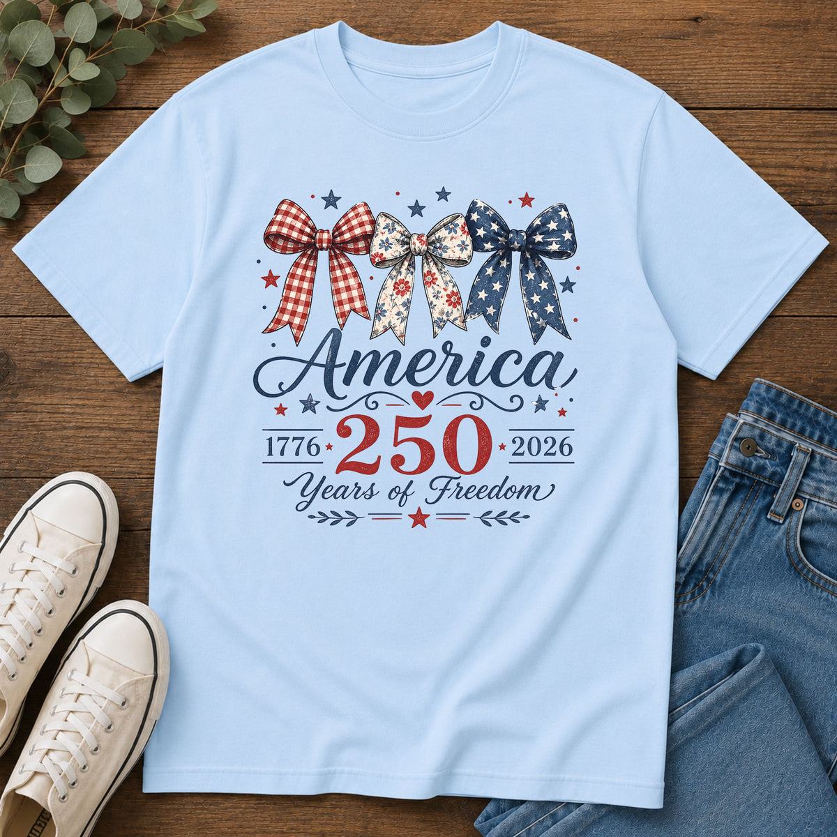 America 250 Years of Freedom Bow Shirt, Coquette Patriotic Trio Bow Tee 1776 2026, 4th of July Women's Vintage Bow T-Shirt, Gingham Stars Floral Patriotic Anniversary Gift